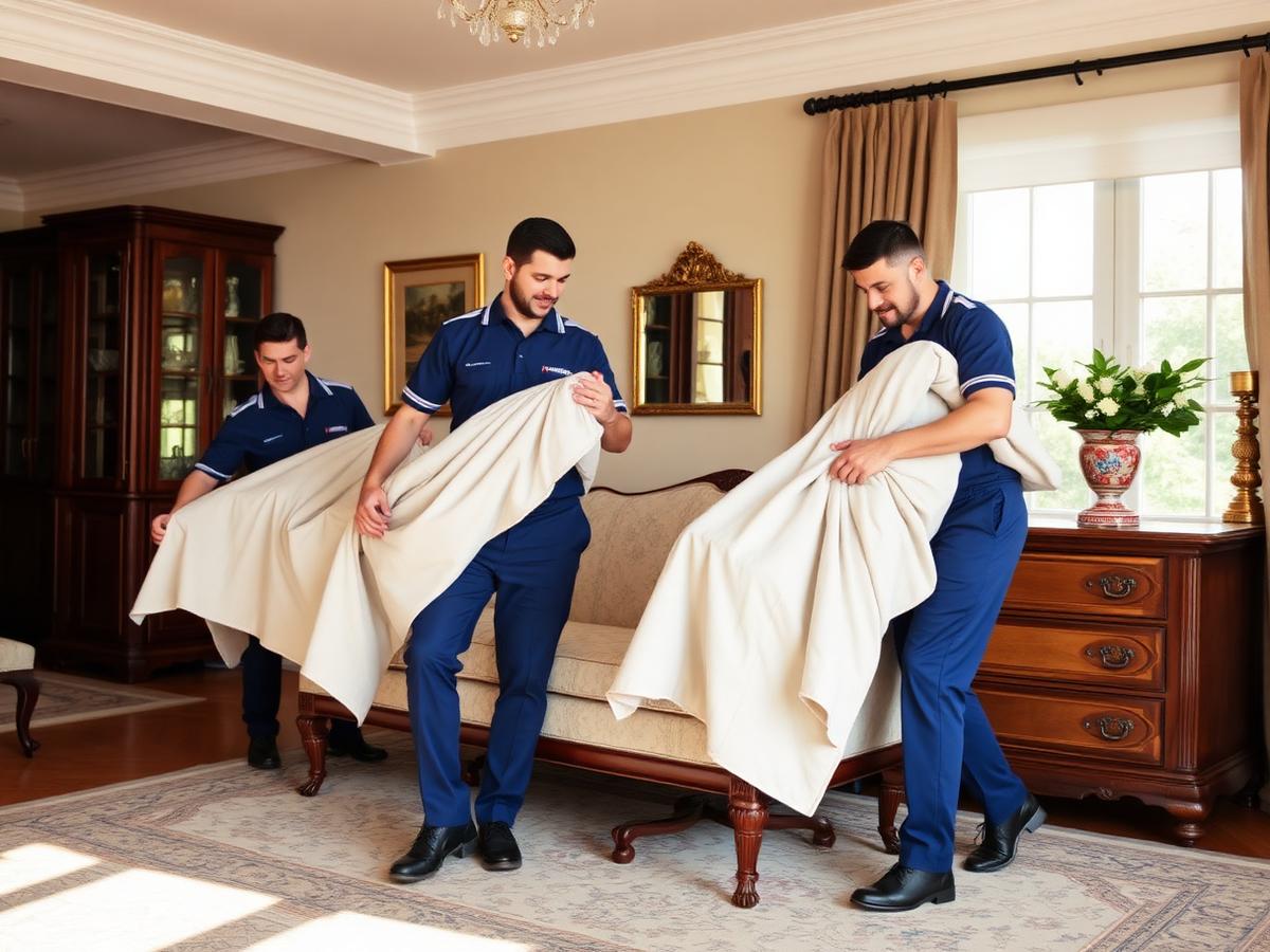 Movers wrapping antique furniture with protective blankets